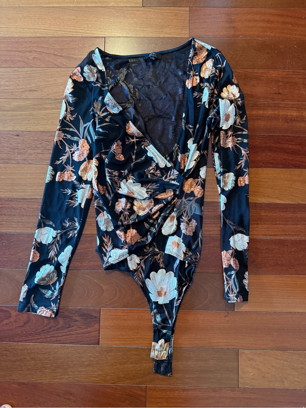 privy Black Floral Wrap-Style Long Sleeve Bodysuit with Cream & Tan Flowers